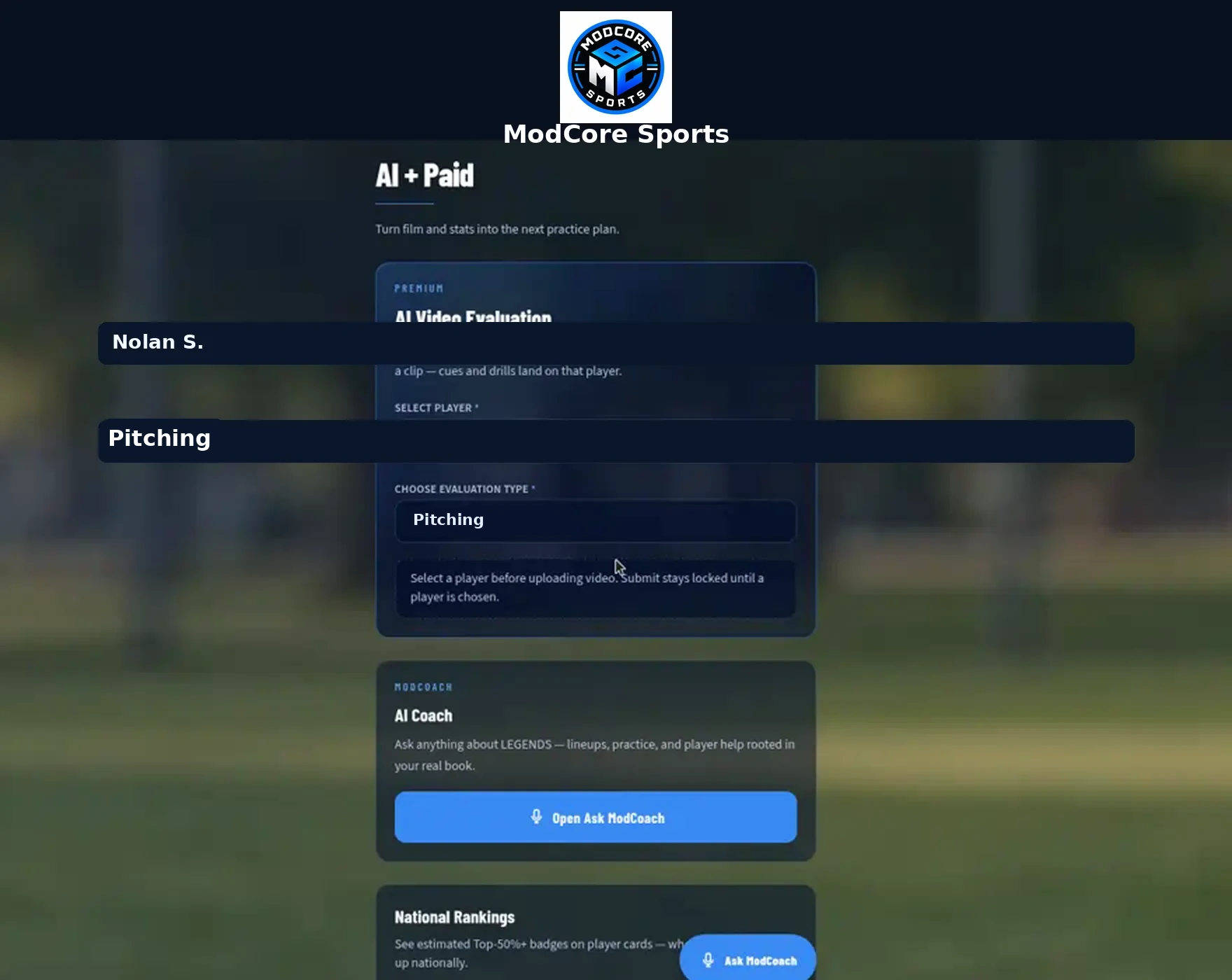 Upload a pitching clip in ModCoach for Nolan S. with Pitching evaluation type selected