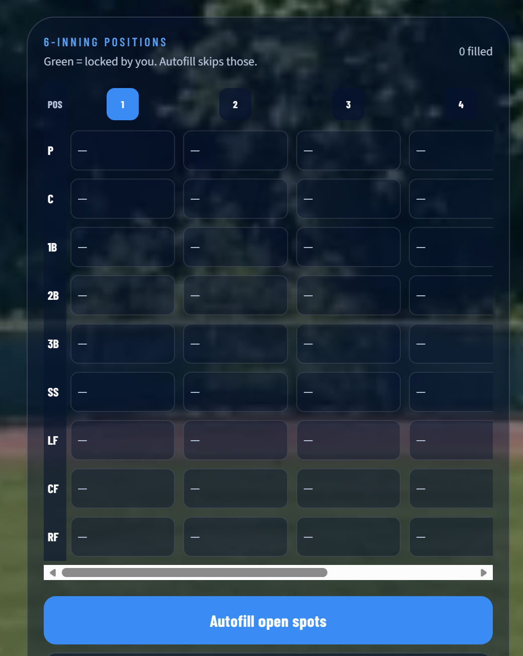 ModCoach 6-Inning Positions grid with locks and Autofill open spots