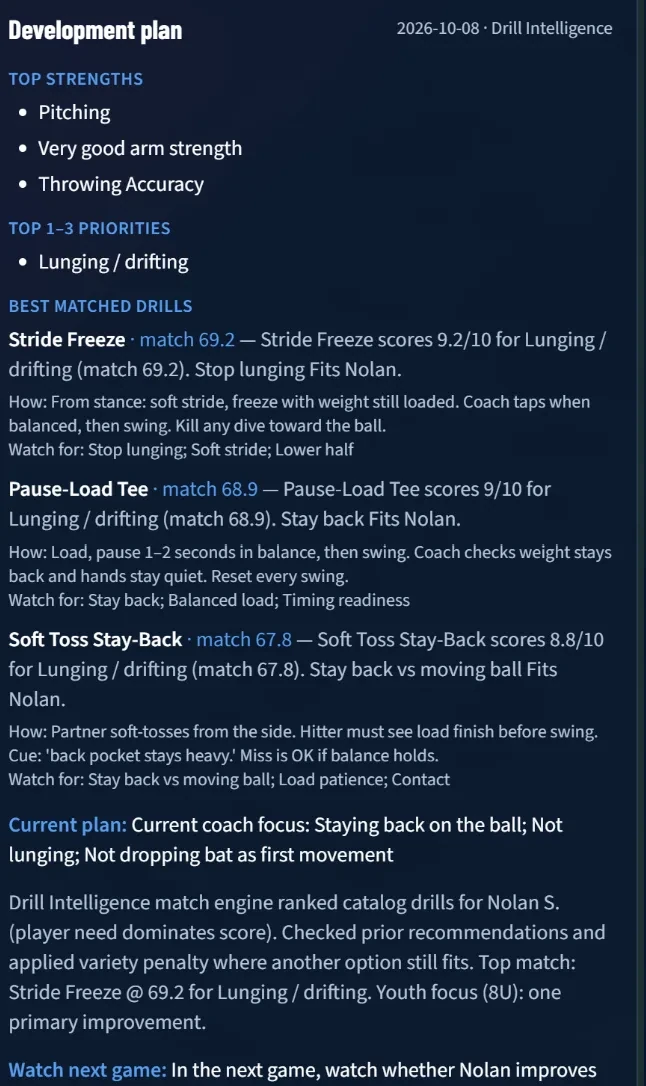 ModMind development plan for Nolan S. with Drill Intelligence matched drills and mechanics progress