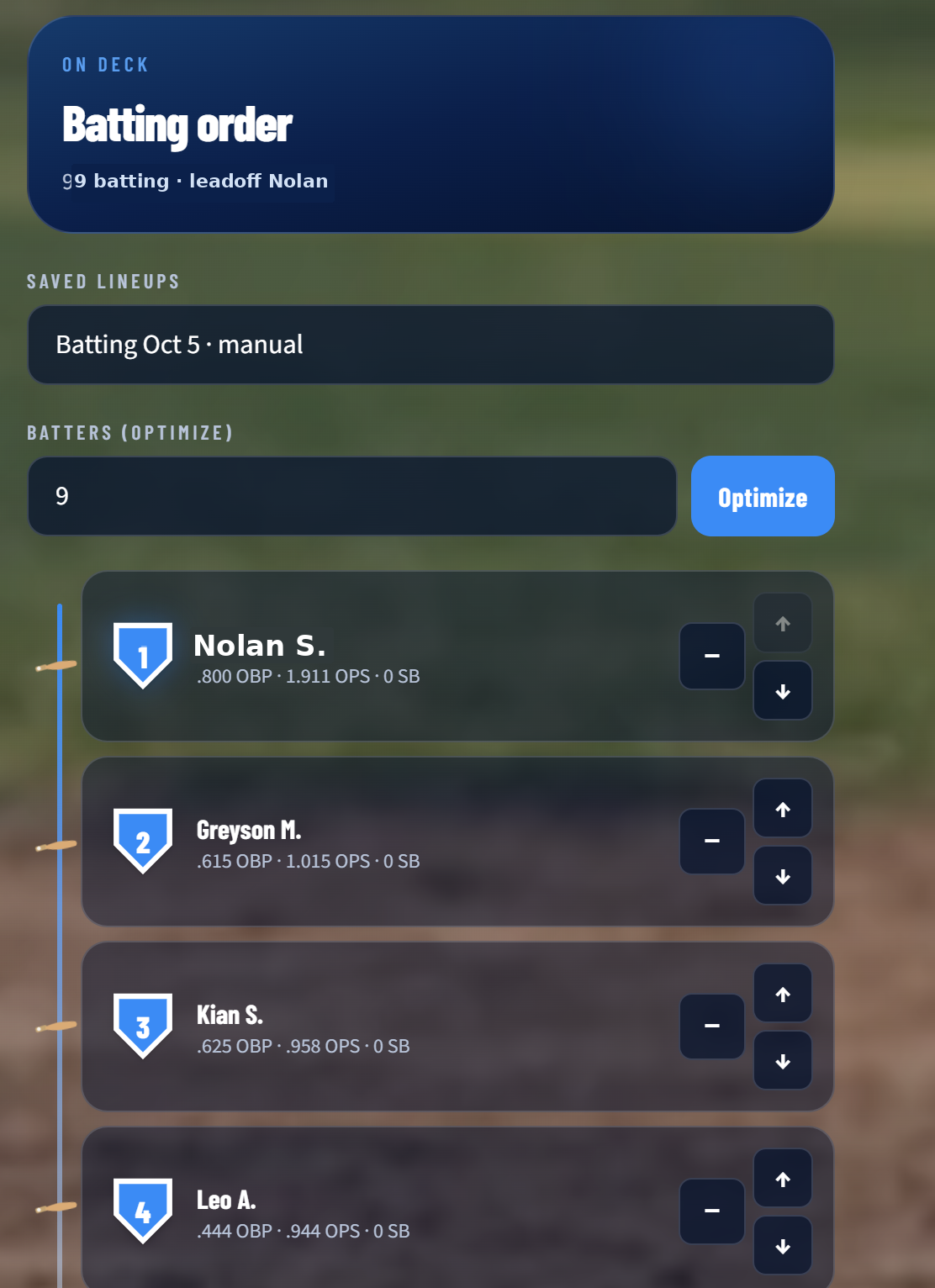 ModCoach Lineup Optimizer batting order with Optimize controls