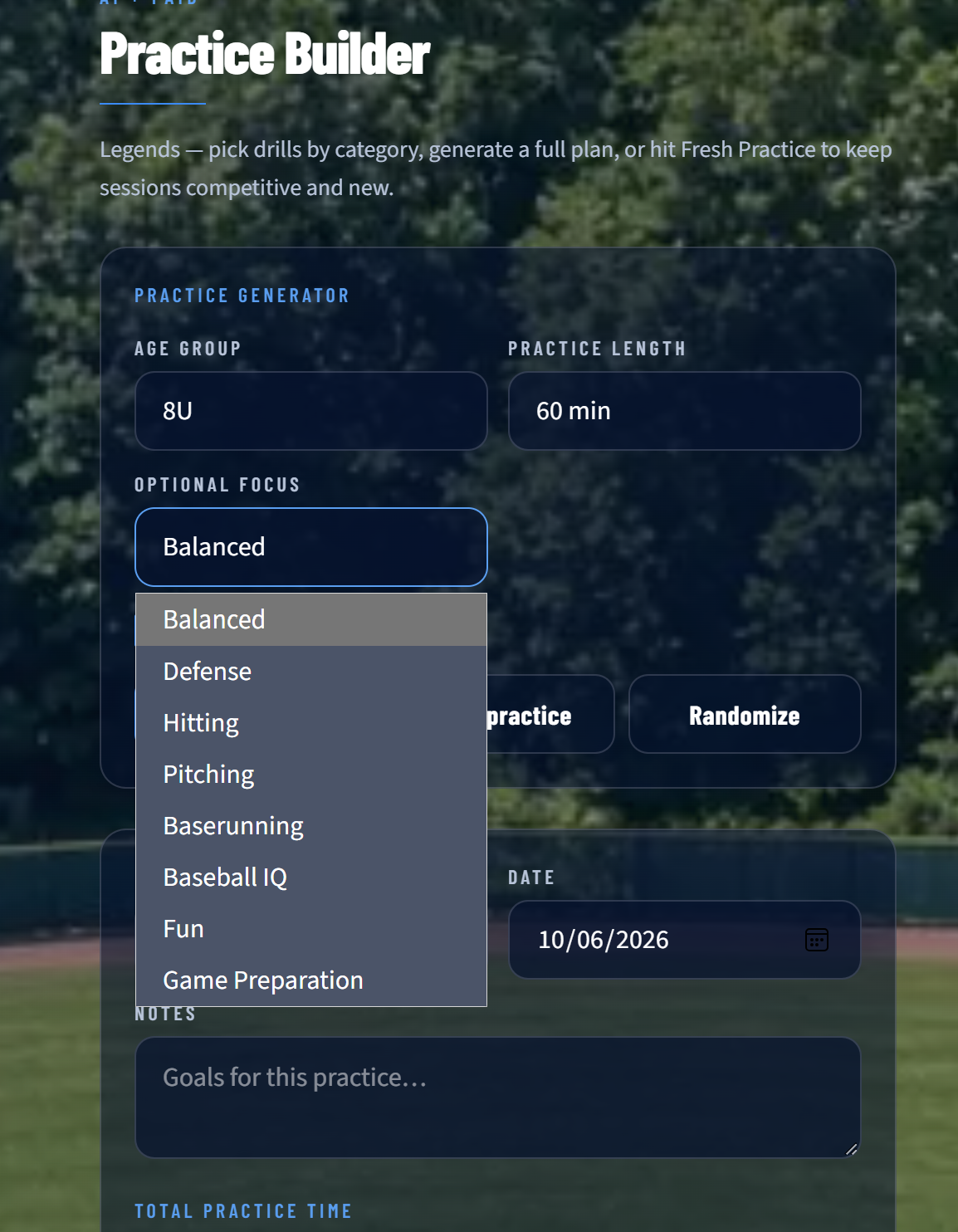 Practice Builder with age, length, focus, and Fresh Practice controls