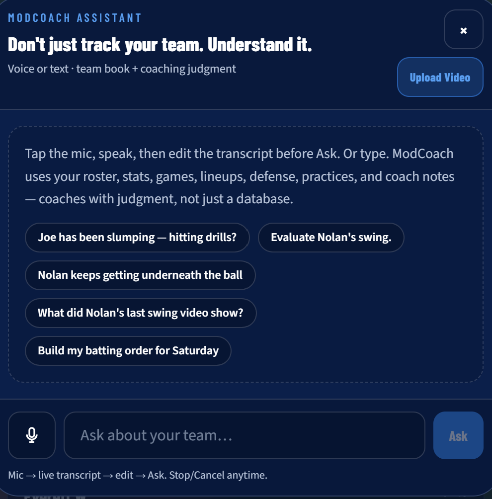 ModCoach Assistant with voice or text and suggested team prompts