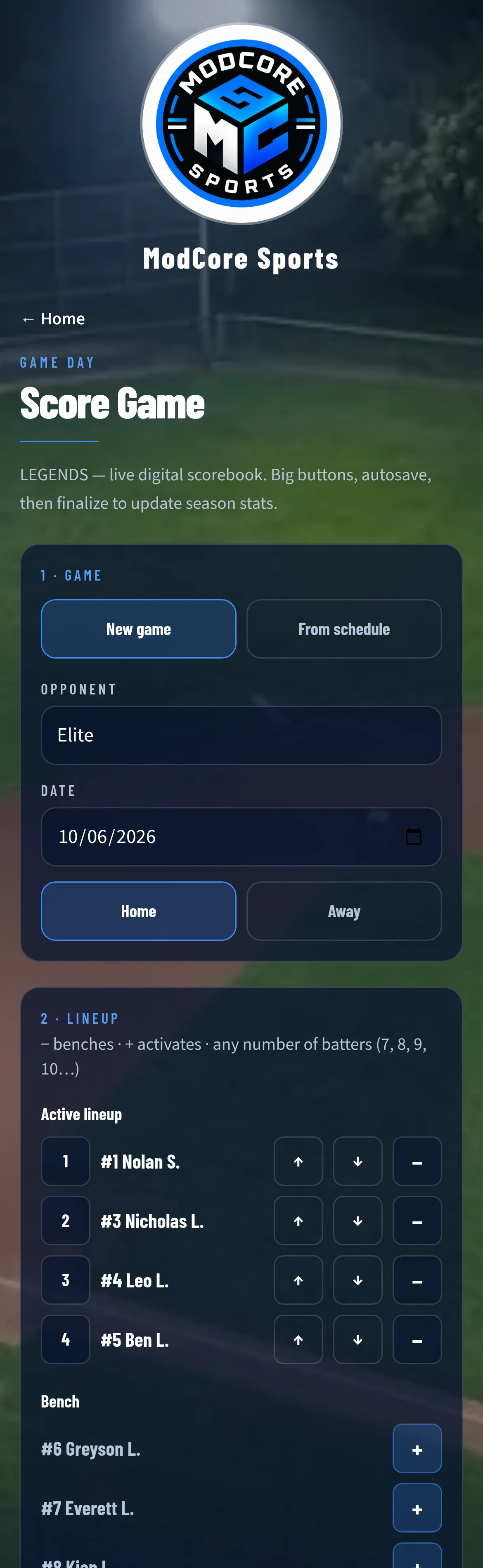 Score Game live scorebook